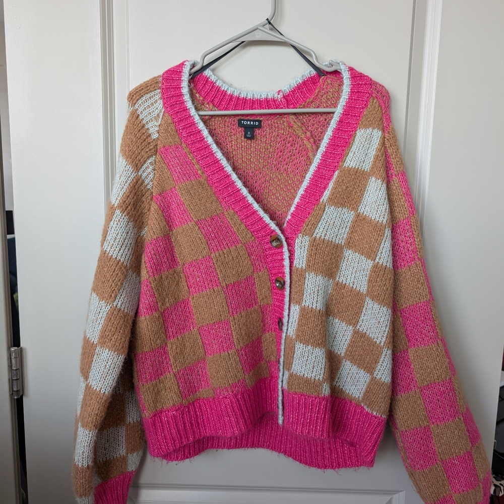 Torrid Trendyol Pink and Tan Checkered Women's Sweater